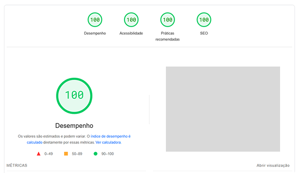 Imagem de um site muito bem otimizado, usando a página do Google PageSpeead.